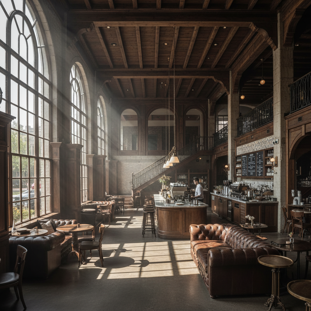 Spacious, sunlit interior of a classic, upscale coffee shop with leather seating and high ceilings.