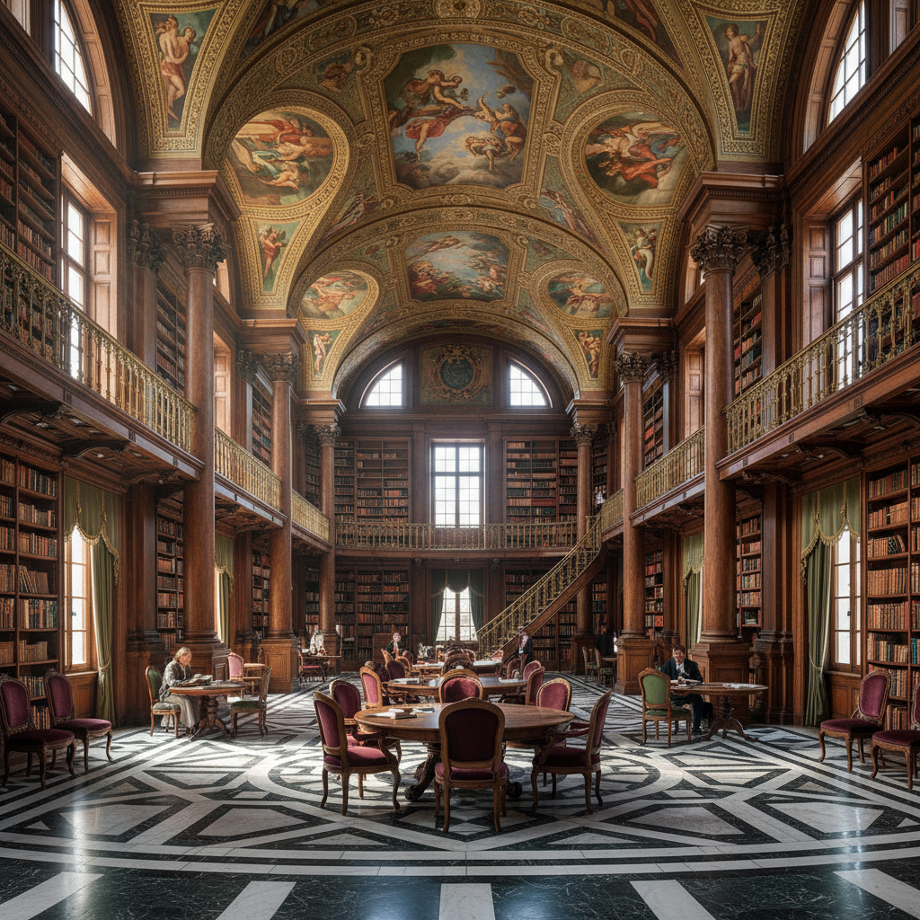 Grand, library-style room with ornate ceilings and bookshelves, serving as a unique coffee house space.