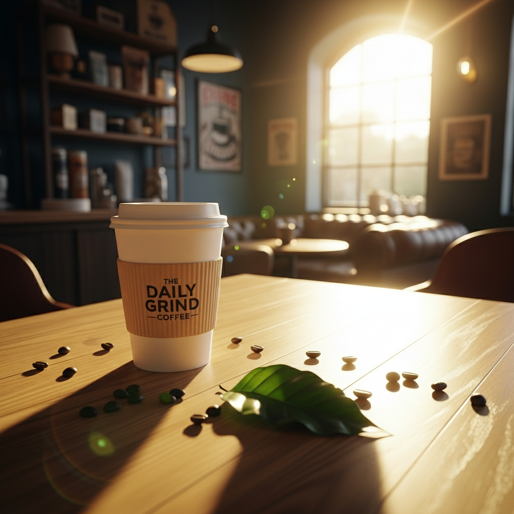 A takeaway coffee cup from The Daily Grind on a sunlit table, capturing a cozy cafe moment.