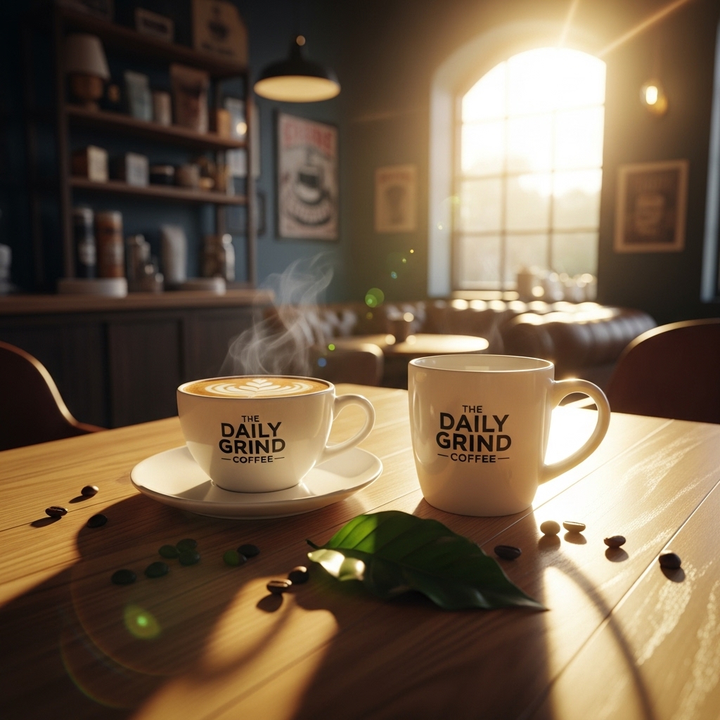 A steaming cappuccino and a mug from The Daily Grind Coffee, showcasing the perfect morning brew.